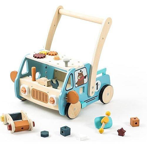 IEATFO Wooden Baby Walker Adjustable Height & Speed with Tool Bench and Toy Storage Wagon - Multifunctional Toddler Push Walker Ergonomically Designed for Natural Walking - 3+ Years of Continuous Use