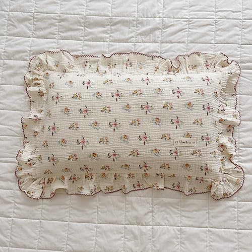 BuLuTu Cotton Muslin Kids Toddler Pillowcase with Cute Azalea Flowers Pattern Super Soft Crib Nursery Pillowcase for Boys,Girls,Bedding Decor Machine Washable, Durable Pillowcase,1 Piece,Standard