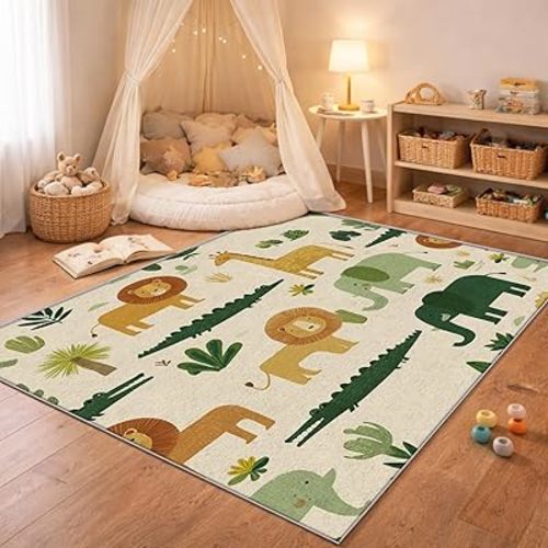 Jungle Animal Rug 5 x 8 ft, Washable Cartoon Giraffe Lion Elephant Crocodile Area Rugs, Safari Kids Nursery Home Decor for Living Room Bedroom, Non Slip Stain Resistant Low Pile Ultra Soft Carpet