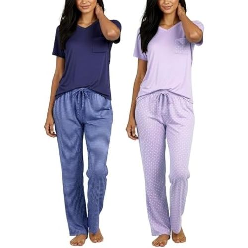 Real Essentials 2 Pack: Women's Comfy Pajama Sets - Short & Long Sleeve Ladies Loungewear Sleepwear PJs (Available In Plus)