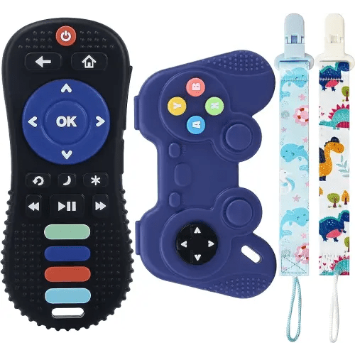 FXK Baby Teething Toys, 2 Pack TV Remote Control & Game Controller Shape Teether Toys, BPA Free Chew Toys Set for Babies 6-12 Months(Black+Blue)