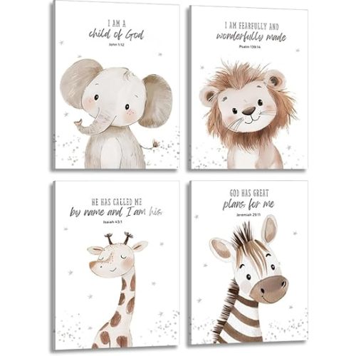 4Pcs Nursery Bible Verse Animal Canvas Wall Art Funny Cute Safari Animals Christian Painting Picture Wall Decor Lions Elephant Giraffe Zebra Poster Print Artwork for Boys and Girls Home Decoration