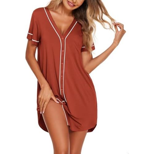 Ekouaer Womens Nightgown Button Down Sleep Shirts Short Sleeve Nightshirt V-Neck Sleepdress Soft Sleepwer