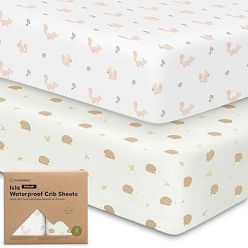 2-Pack Waterproof Baby Crib Sheets for Boys, Girls - Viscose Derived from Bamboo Toddler Bed Sheet Neutral, Fitted Crib Mattress Protector Cover for Baby Bedding, Soft & Gentle (Nibbles/Bruce)