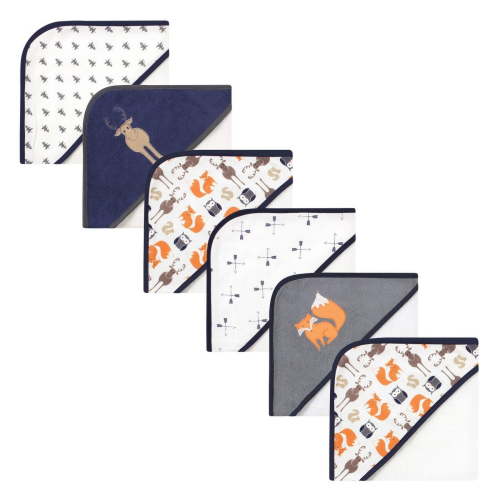 Hudson Baby Infant Boy 6Pc Cotton Rich Hooded Towels Bundle Set, Blue Moose Orange Fox, One Size