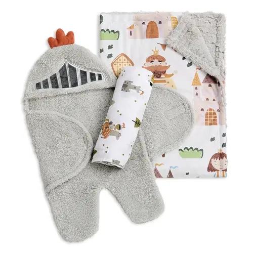 Evolur Good Knight 3 pc Baby Gift Set, Includes Sherpa Sack Wrap, Bamboo Muslin Wrap & Velour Blanket, Soft and Breathable, for Newborns, Infants 0-3 Months