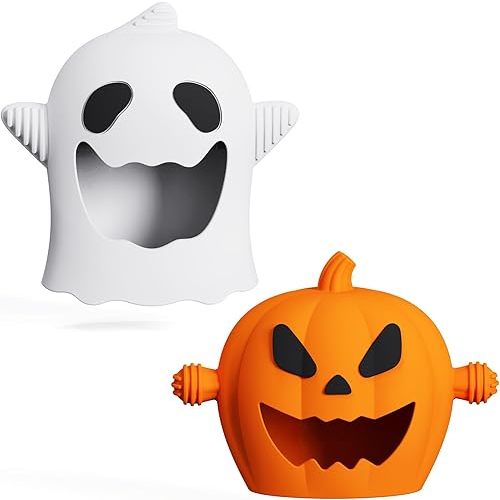 Halloween Baby Teething Mitten Toys 2Pack, Pumpkin & Ghost Teethers for Newborns, Infants & Toddlers, Perfect Baby's First Halloween Basket Stuffers, Silicone Easy-Grip Hand Teething Gloves for Relief