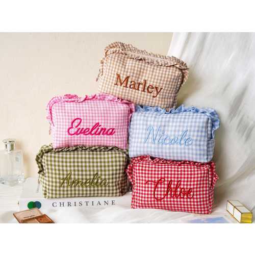 Personalized Gingham Makeup Bag, Custom Name Pouch, Embroidered Ruffled Cosmetic Bag, Bridesmaid Gift, Women Travel Toiletry Bag