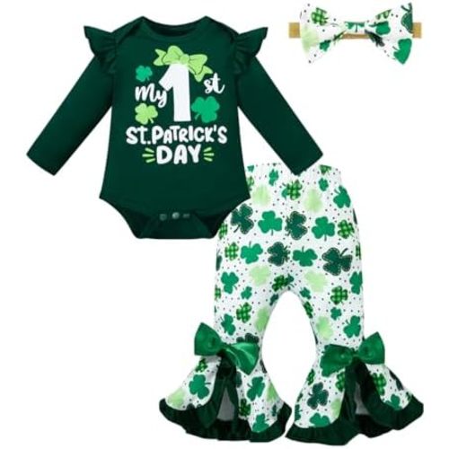 Newborn Baby Girl My First St.Patrick's Day Clothes Ruffle Romper Flared Pants Set