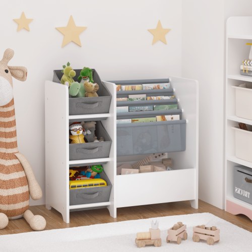 SESSLIFE 4 Tier Kids Bookshelf, Wooden Bookshelf for Kids with 3 Collapsible Fabric Drawers, Modern Toy Storage Organizer, Children’s Book Display for Playroom, Nursery, White/Grey