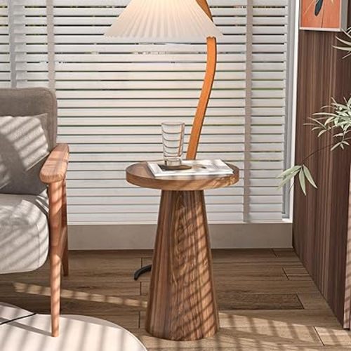 Small Round Pedestal Side Table, Wooden End Table for Living Room, Fluted Drink Table for Small Space, Modern Plant Stand Accent Table for Sofa Couch, 13.6 inch (Walnut)