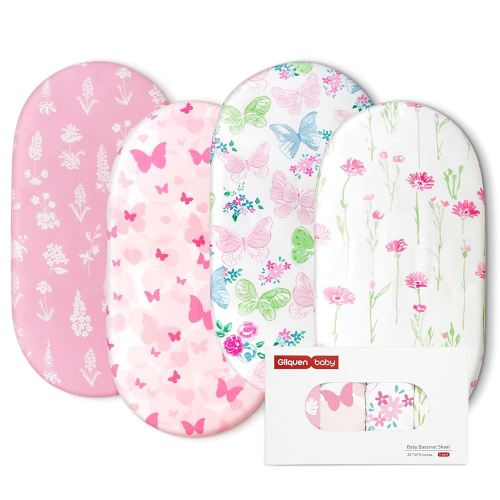 Gllquen Baby Bassinet Sheets 4 Pack, Breathable Cozy Fitted Mattress Sheet, Elastic Travel Crib Fashionable Floral Pattern, Standard Cradle Safe Sheets for Baby Boys Girls 32"x16" (Butterfly)