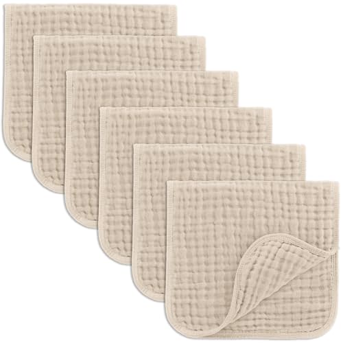 Comfy Cubs Muslin Burp Cloths 20" x 10", Pack of 6 - Large, 6-Layer, Ultra Absorbent 100% Cotton for Baby Drool and Messes - Soft, Safe & Gentle Baby Burp Cloths Set for Boys & Girls - Sand