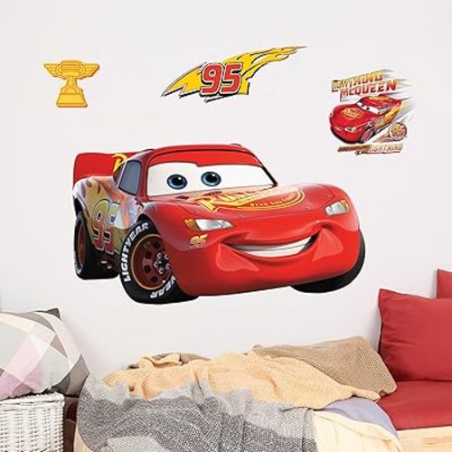 Disney Pixar Cars Wall Decals - Large Lightning McQueen Vinyl Stickers for Bathroom Nursery Bedroom Decor - Peel and Stick Room Decorations