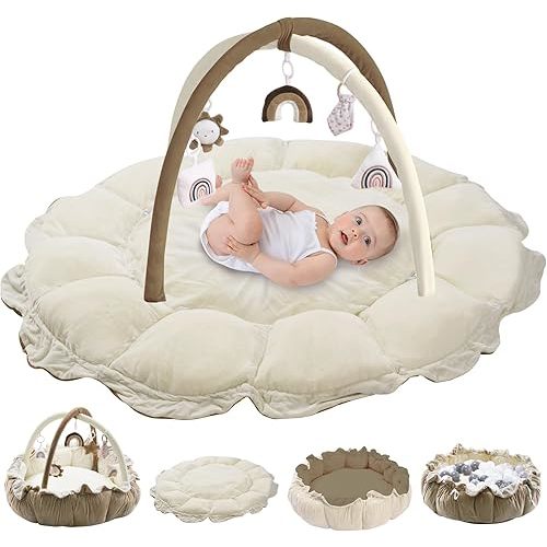 5-in-1 Convertible Baby Play Gym with 6 Toys, Tummy Time Mat for Sensory Development, Baby Activity Center from Newborn to Toddler, Ball Pit, Cat & Dog Bed, Soft Plush Pet Bed, No Ball Included Brown