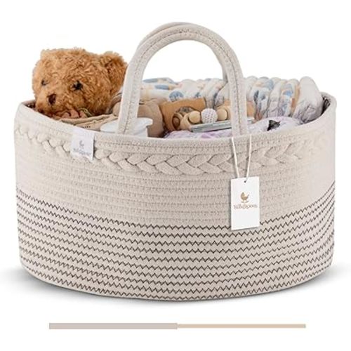 Baby Diaper Caddy | Changing Table Organizer for Wipes, Diapers | Cotton Rope Organizer - Large - Newborn Essentials Must Haves for Parents - Winter Sand