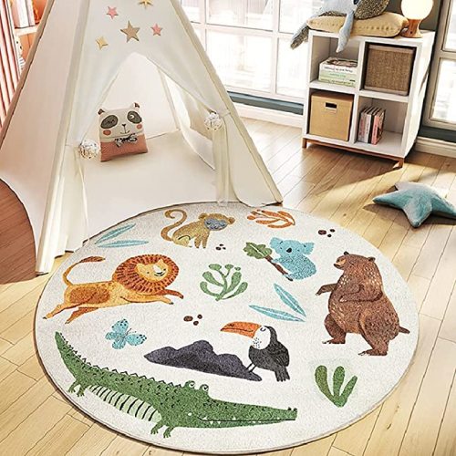Round Rug,Cute Animals Large Non Slip Super Soft Plush Area Rug for Kids Room Playroom Nursery Bedroom, Educational Washable Circular Floor Mat for Home Room Decorative(39.4",Forest) - Round 39.4"