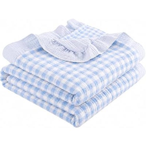Breling Blue Gingham Muslin Baby Blankets for Girls Boys, 100% Cotton Crib Blanket for Infant Toddler, 40 x 36 Inch Soft and Lightweight Nursery Swaddling Wrap