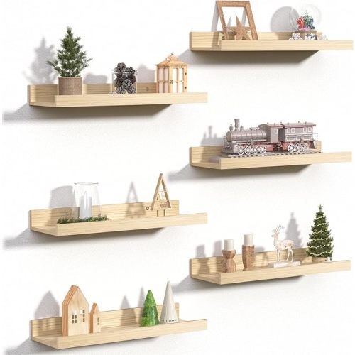 upsimples Floating Shelves for Wall, Wall Shelves for Decor Storage Set of 6, Wall Mounted Wood Shelf for Bedroom, Living Room, Bathroom, Kitchen, Picture Ledge Shelf, Natural