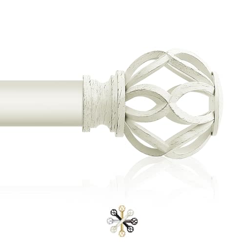 TVWOO White Decorative Farmhouse Curtain Rod:36-88"Adjustable Heavy Duty Single Window Curtain Rod for Bedroom Living Room,Antique White Boho Rustic Drapery Rods with Vintage Twist Finial Easy Install