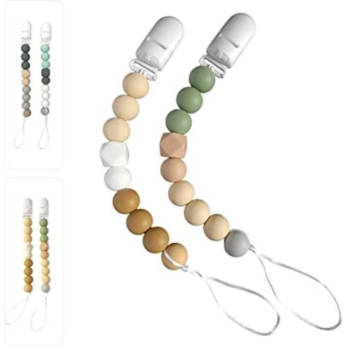 ISEAINNO Silicone Beads Pacifier Clips for Baby Girls & Boys, Baby Pacifier Holder Clip, Pacifier Strap Pacifier Leash,Gift for Baby Shower and Birthday,2 Pack (Grey,Beige)