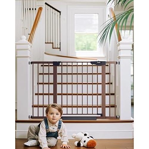 Cumbor 29.7-48" Baby Gate for Stairs, Mom's Choice Awards Winner-Dog Gate for Doorways, Auto Close Safety Pet Gate for Dogs Indoor, Easy Install Pressure Mounted Child Gate with Walk Thru Door, Brown