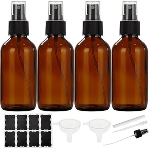 Dark Amber Glass Spray Bottles 4 oz, Small Glass Spray Bottles for Essential Oils, Fine Mist for Face, Hair, Plants, Travel, Perfumes, Cleaning Solutions - 4 Pack