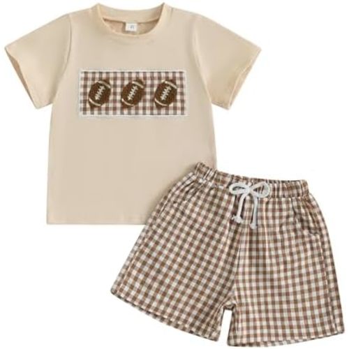 Adobabirl Toddler Baby Boy Football Outfit Rugby Embroidery Short Sleeve Tshirt with Plaid Shorts Boutique Summer Clothes