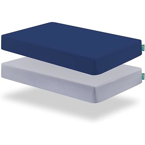 Biloban Pack and Play Sheets Fitted, 2 Pack Pack and Play Sheet Fits for Graco Pack n Play Mattress, Neutral Playard Sheets for Baby Boys and Girl, Light Grey & Navy, 38”X 26”