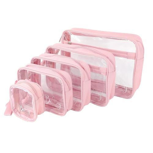 5 Piece Diaper Bag Organizer Pouch Set, Clear with Straps and Pacifier Case - Pink