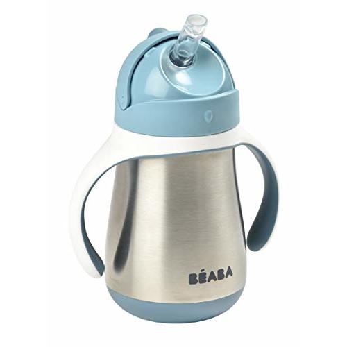 Beaba Stainless Steel Straw Sippy Cup, Insulated Toddler Cups Spill Proof with Removable Handles, Made with High Grade Stainless Steel, 8+ months, 8.5 oz (Rain)
