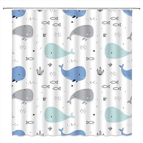 Cartoon Whale Shower Curtain Cute Ocean Animal Blue Gray Abstract Fish Nautical Theme Funny for Kids Girls Boys Polyester Curtains Bathroom Decor with Hooks 67" Wx70 H