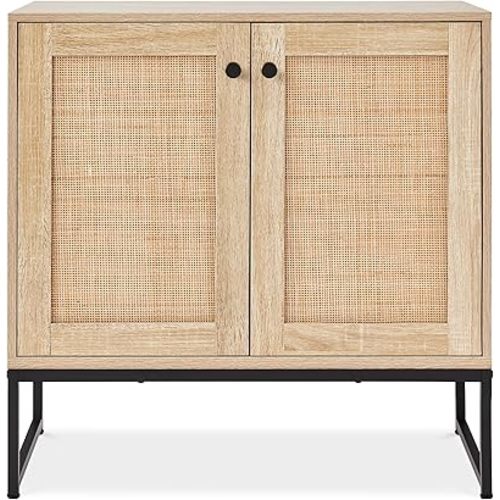 Best Choice Products 2-Door Rattan Storage Cabinet, Accent Furniture, Multifunctional Cupboard for Living Room, Hallway, Kitchen, Sideboard, Buffet Table w/Non-Scratch Foot Pads - Natural