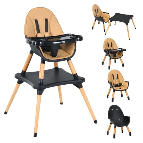 BABY JOY 5 in 1 High Chair, Convertible High Chairs for Babies and Toddlers/Booster Seat/Table and Chair Set, Infant Wooden Highchair w/ 5-Point Harness, 4-Position Removable Tray & PU Cushion, Coffee