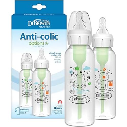 Dr. Brown's Natural Flow Anti-Colic Options+ Narrow Baby Bottle, Pig & Frog, 8 oz/250 mL, with Level 1 Slow Flow Nipple, BPA Free, 0m+, 2-Pack