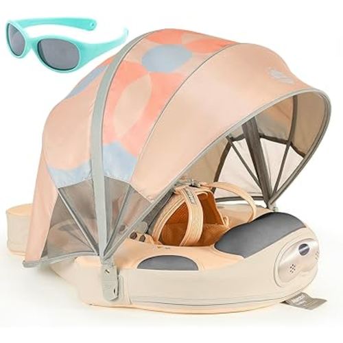 Mambobaby Float with Canopy and Tail New Upgraded Non-Inflatable Baby Pool Float Mambo Float Swim Trainer Solid Infant Swim Float Adjustable Pearl Foam Baby Swim Ring