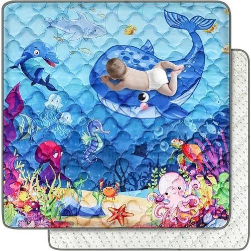 Baby Mat for Floor, Premium 50x50 Playpen Mat, Odorless Play Mat, Thicken Soft Padding Foam Play Mat for Baby, Non-Slip Cushioned Baby Floor Mat, Machine Washable Baby Crawling Mat (Ocean)