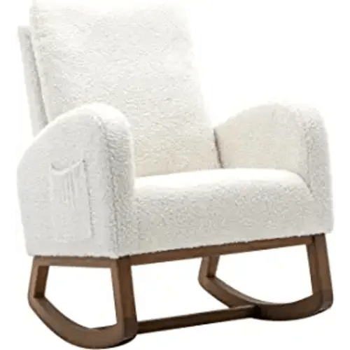 Dolonm Rocking Chair Mid-Century Modern Nursery Rocking Armchair Upholstered Tall Back Accent Glider Rocker for Living Room (White)