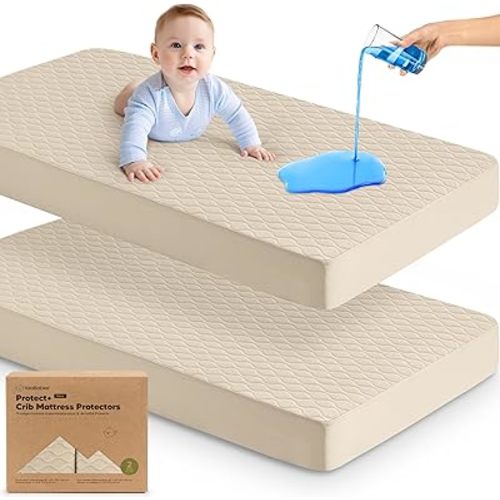 Waterproof Crib Mattress Protector Cover Fitted - 2-Pack Quiet Baby Mattress Topper Crib Sheets, 52" x 28" Soft Quilted Cotton Baby Sheet, Easy Fit, Durable Toddler Liner (Oat)