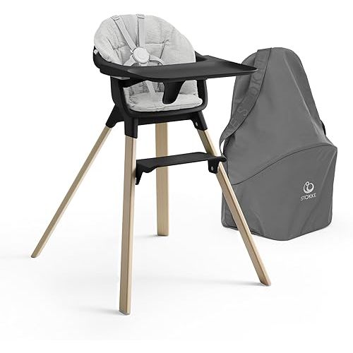 Stokke Clikk High Chair (Black/Natural) with Clikk Cushion (Nordic Grey) + Travel Bag - Includes Tray & Harness - Light, Durable & Travel Friendly - Best for 6-36 Months or Up to 33 lbs