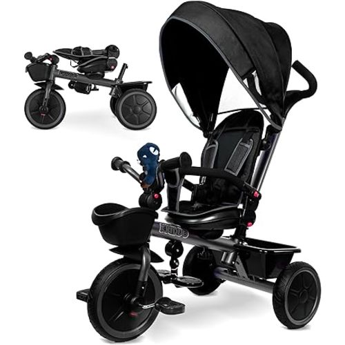 KRIDDO 7-in-1 Tricycle Stroller for Toddlers 18 Months to 5 Years, Adjustable Push Handle, Rotatable Seat, Safety Harness & Removable Canopy, Cup Holder, Storage, Toddler Trike/Bike for Baby, GY