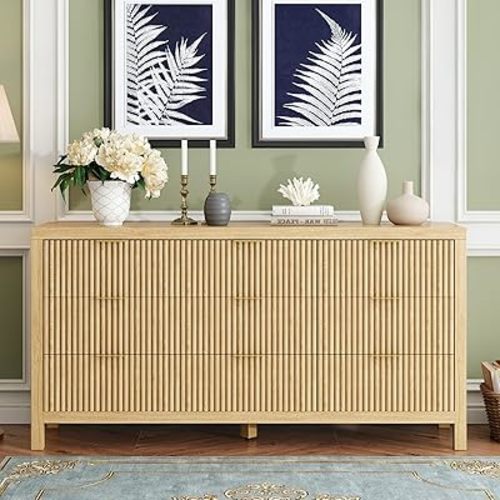 9 Drawers, Modern Large Chest Mid Century Modern Dresser TV Stand, Storage Organizer Dresser with Solid Natural Wood Legs for Bedroom, Living Room, Hallway, Natural Oak