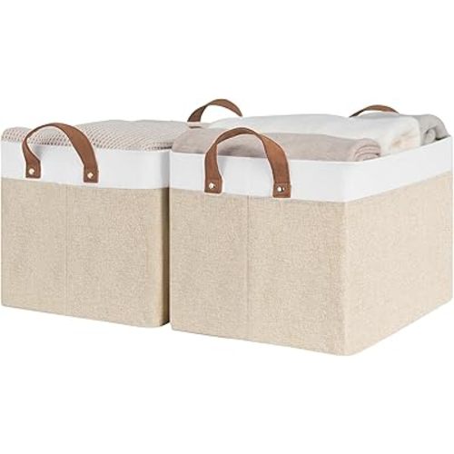 StorageWorks Storage Bins, Shelves Baskets for Organizing, Large Fabric Closet Organizers with Handles, Metal Frame, Brown and White, 2-Pack