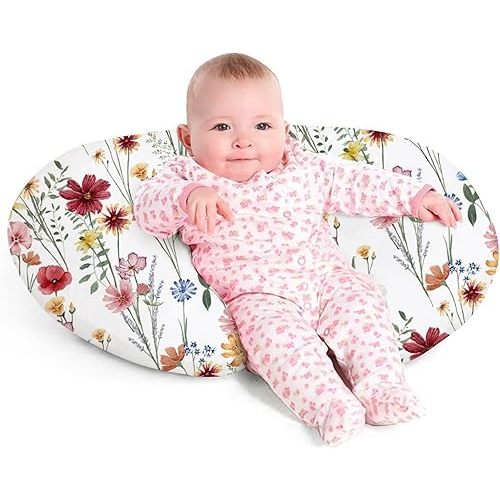 Little Grape Land Nursing Pillow for Infants, Breastfeeding Pillows, Baby Support Pillow for Nursing, Bottle Feeding, Tummy Time with Machine Washable Cover & Breathable Filling (Spring Flower)