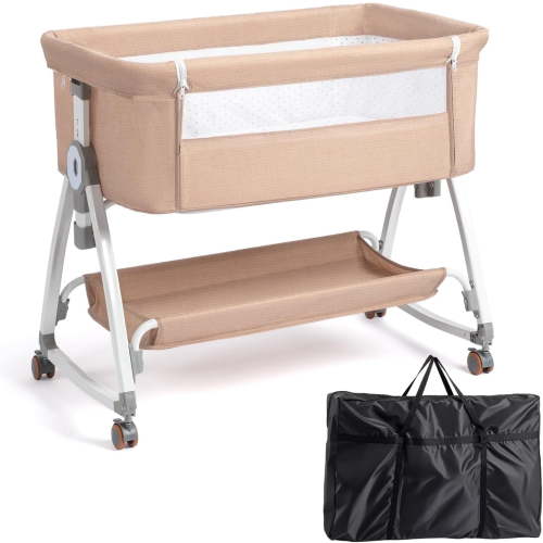 JOYMOR 3 in 1 Baby Bassinet, Bedside Bassinet for Baby, with Comfy Mattress and Wheels, 6 Height Adjustable Easy Folding Portable Bedside Crib for Newborn (Black)