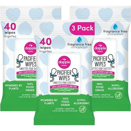 Dapple Baby Pacifier Wipes for Infants and Toddlers - (3 Pack) 40 Count - Fragrance-Free, Hypoallergenic & Food-Grade - Diaper Bag Essentials