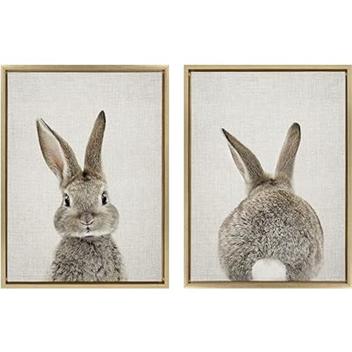 Kate and Laurel Sylvie Bunny Portrait on Linen and Bunny Tail on Linen Framed Canvas Wall Art by Amy Peterson Art Studio; 2 Piece 18x24 Gold; Decorative Animal Art for Wall