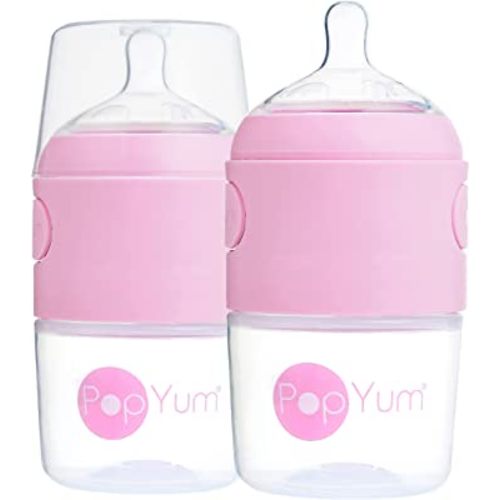 PopYum 5 oz Pink Anti-Colic Formula Making/Mixing/Dispenser Baby Bottles, 2-Pack (with #1 Nipples)