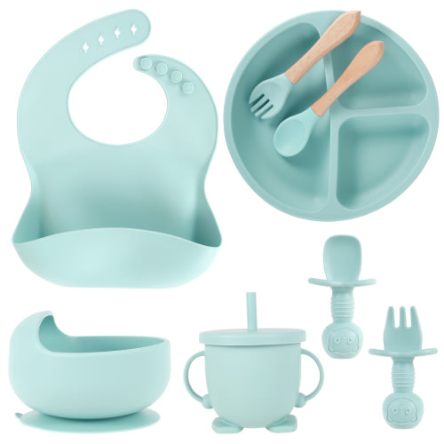 Retrok 8pcs Silicone Baby Feeding Set Soft Baby Weaning Supplies Cute Self Feeding Eating Utensils Set with Divided Suction Plate Bib Bowl Fork Spoon Sippy Cup Dishwasher Safe for Baby