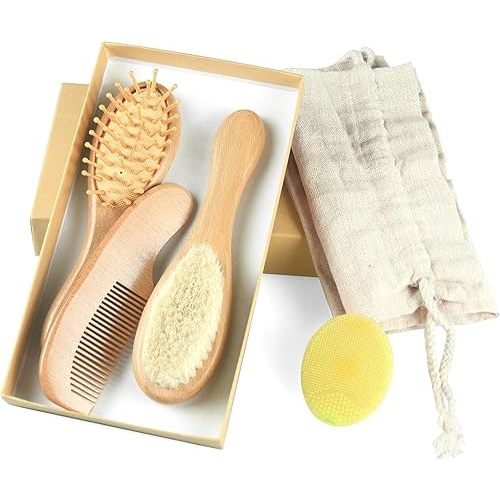 Baby Hair Brush and Comb Set (4-Piece) for Newborn - Wooden Baby Hairbrush Set,A Beechwood Brush, Baby Airbag Brush, Beech Handle Brush, and Prevent Cradle Cap Silicone Brush
